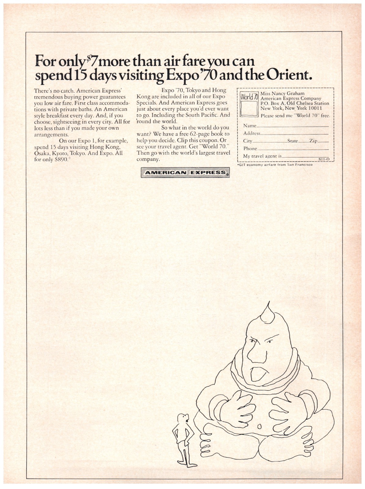 1969 PRINT AD, American Express Visit Expo \'70 And The Orient 60\'s Travel Ad