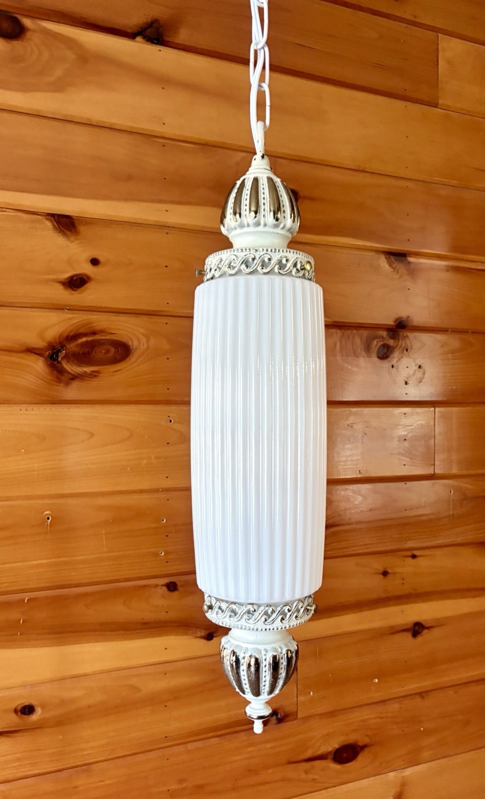 Vintage MCM Hollywood Regency White Ribbed Milk Glass Hanging Swag Lamp Light