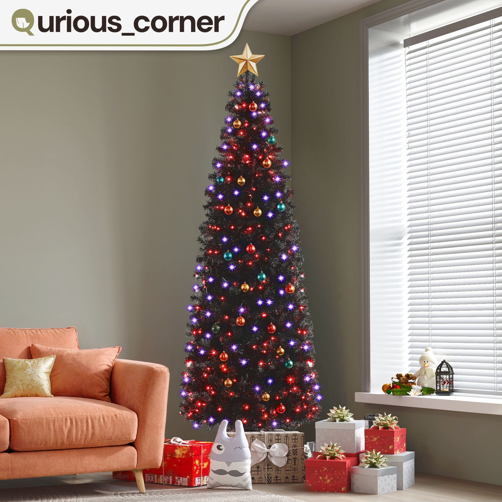 7.5ft Slim Black Pencil Christmas Tree 1000 Tips 350 LED 3 Color 11 Modes Lights