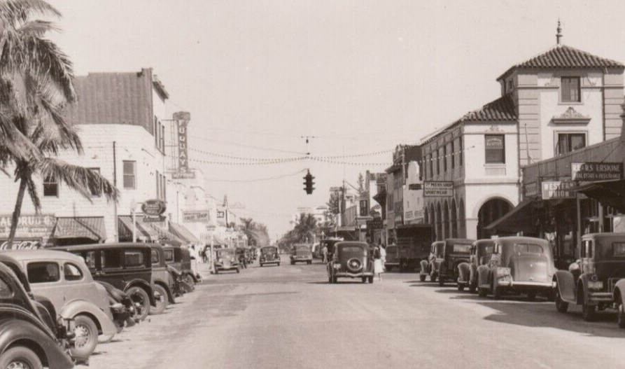Lake Worth Florida Downtown Advertising RPPC Postcard Early Cars Western Union