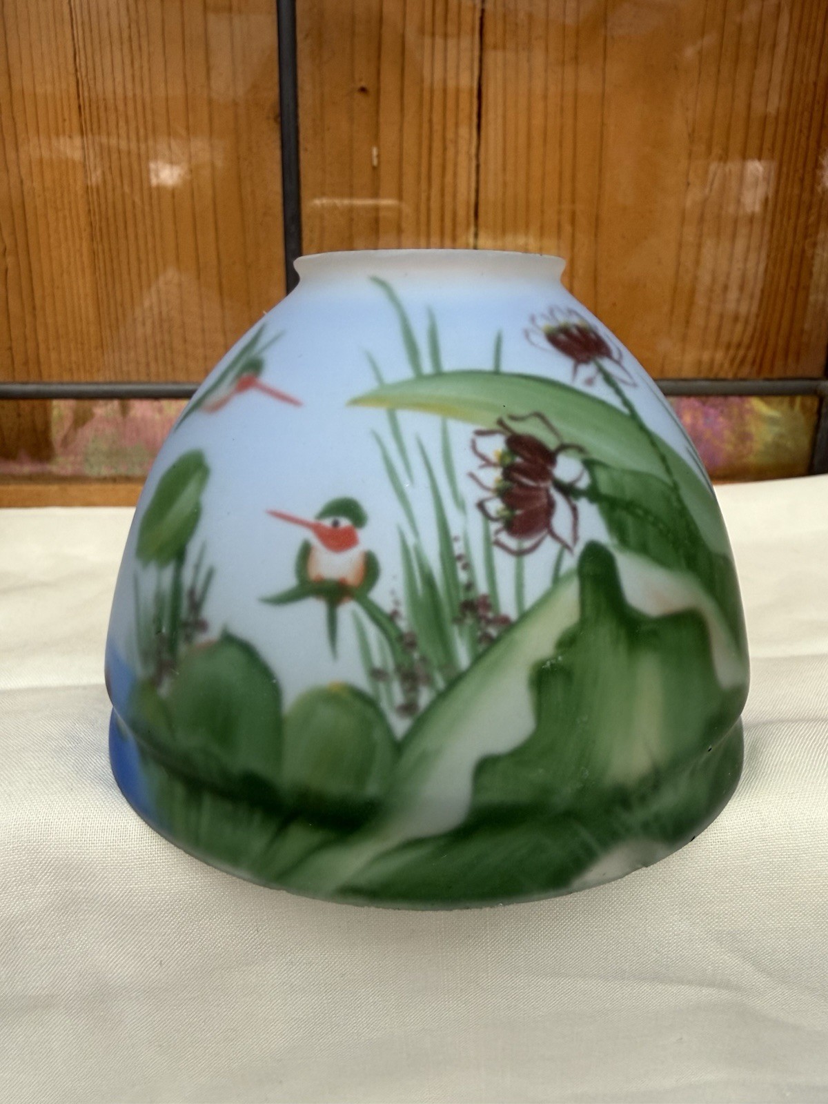 Vtg Reverse Painted Frosted Glass Mini Fairy Lamp Shade Hummingbirds Art FLAW