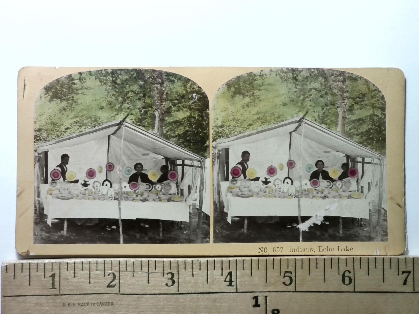 Indians Pottery Sellers Echo Lake NH Stereoview Card 2-Sided c1870s Hand-Colored