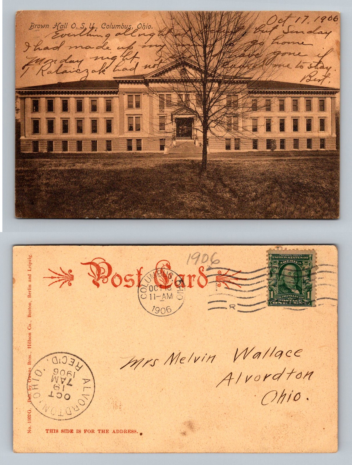 Columbus, OH-Ohio, Brown Hall O.S.U. Campus Building Vintage c1906 Postcard
