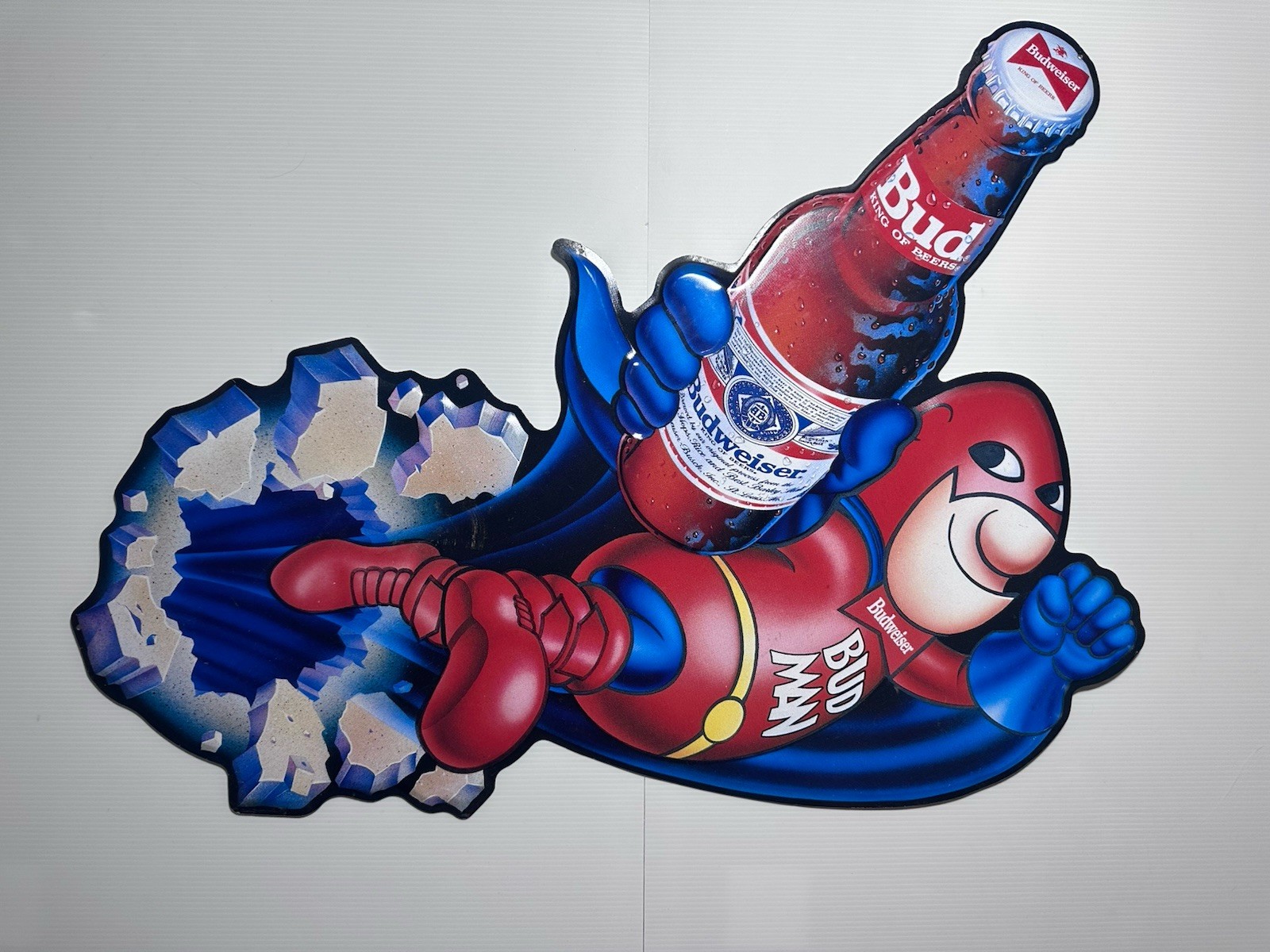 Vintage 1989 Budweiser Bud Man Embossed Tin Metal Die Cut Sign Anheuser-Busch