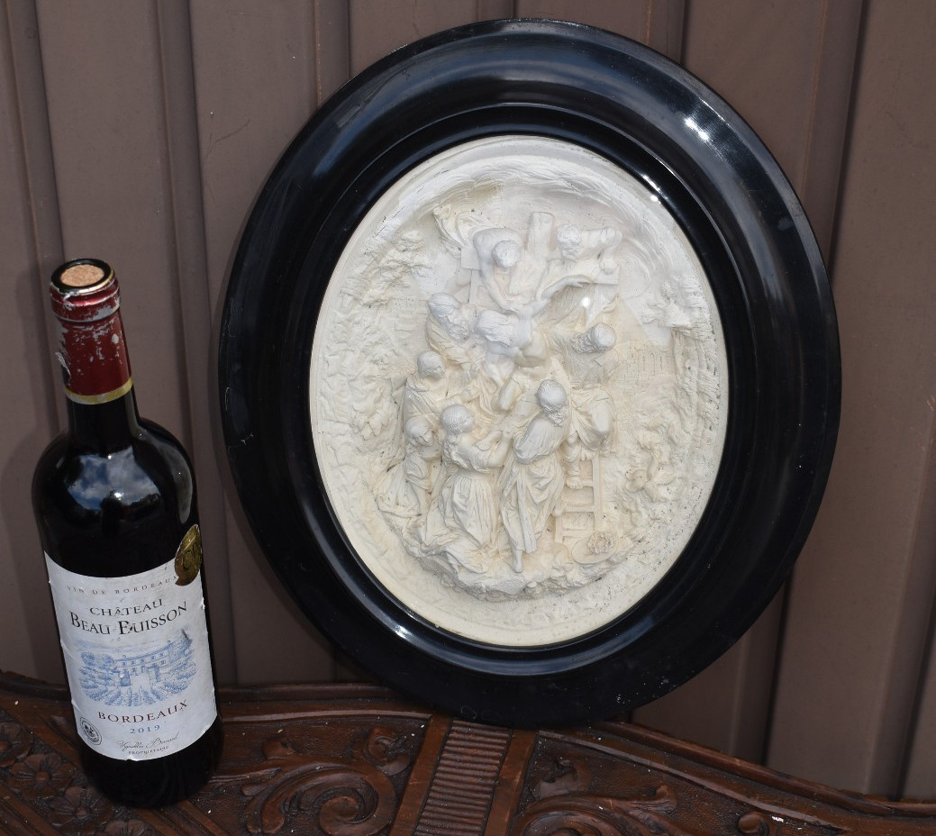 Antique Large Meerschaum bas relief convex globe  plaque descent cross signed