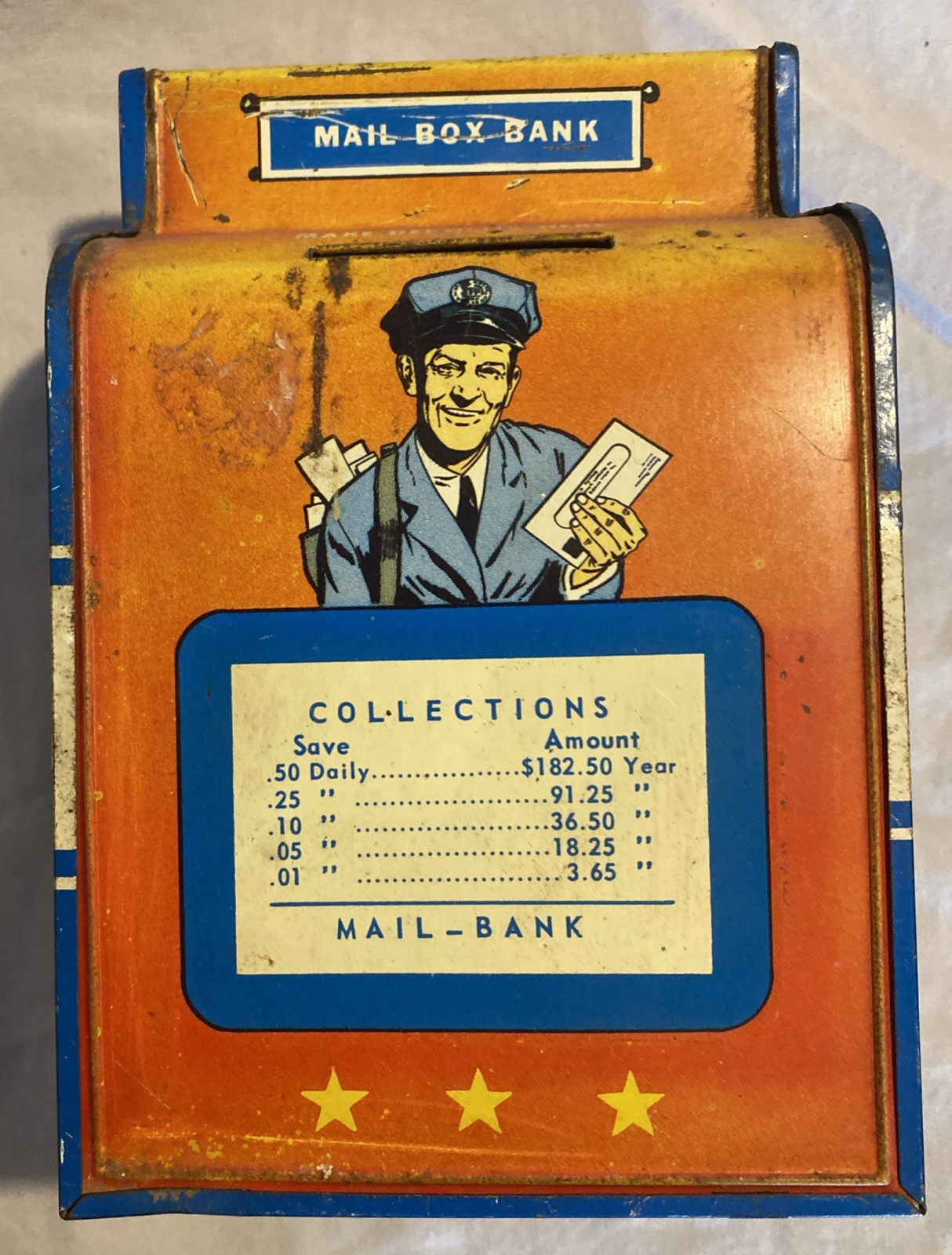 Vintage U.S Mail Box Coin Bank By Ohio Art, Red, White, & Blue, Used Condition