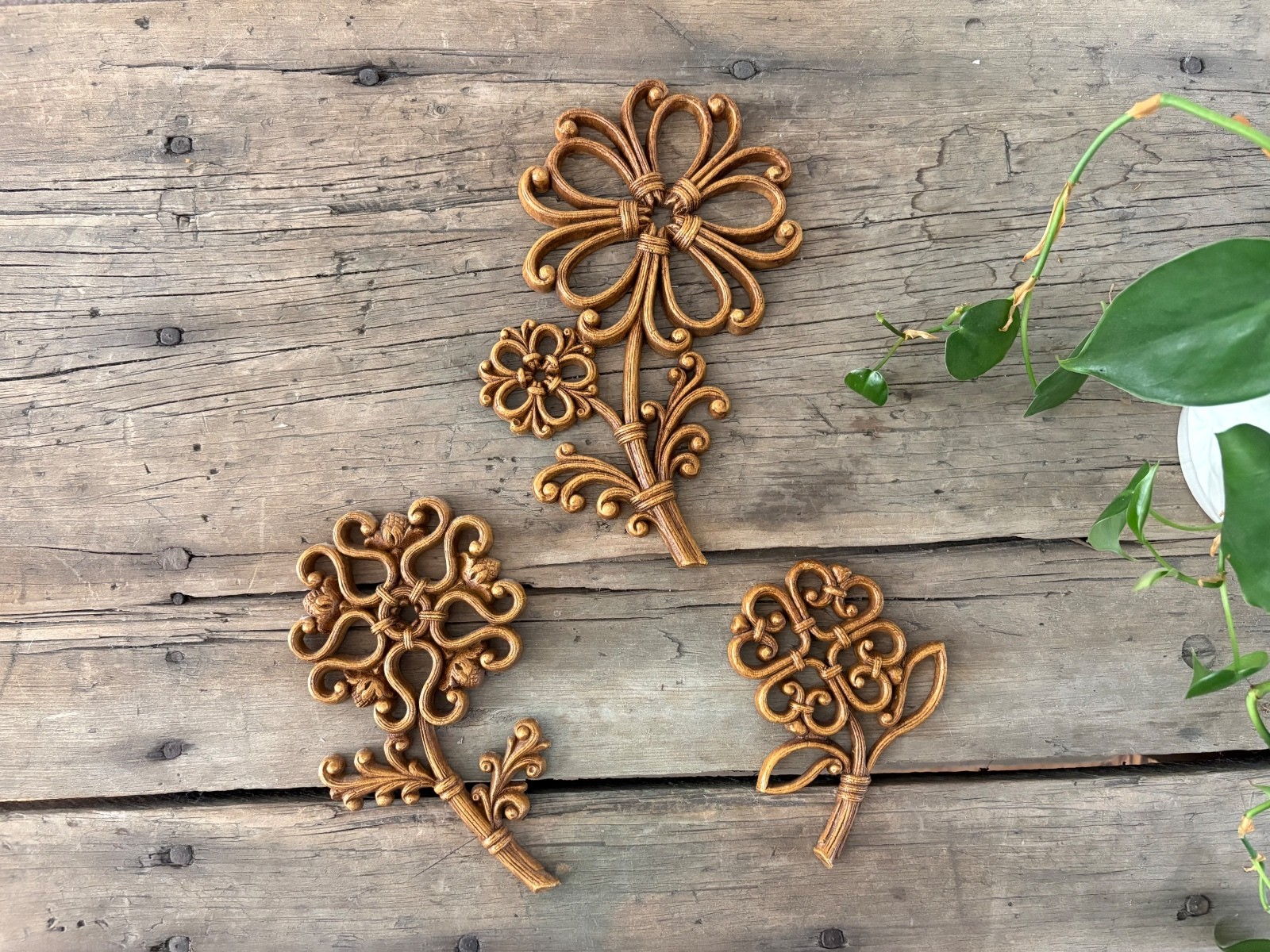 Set of 3 Vintage Decorative Wooden Flower Wall Hangings