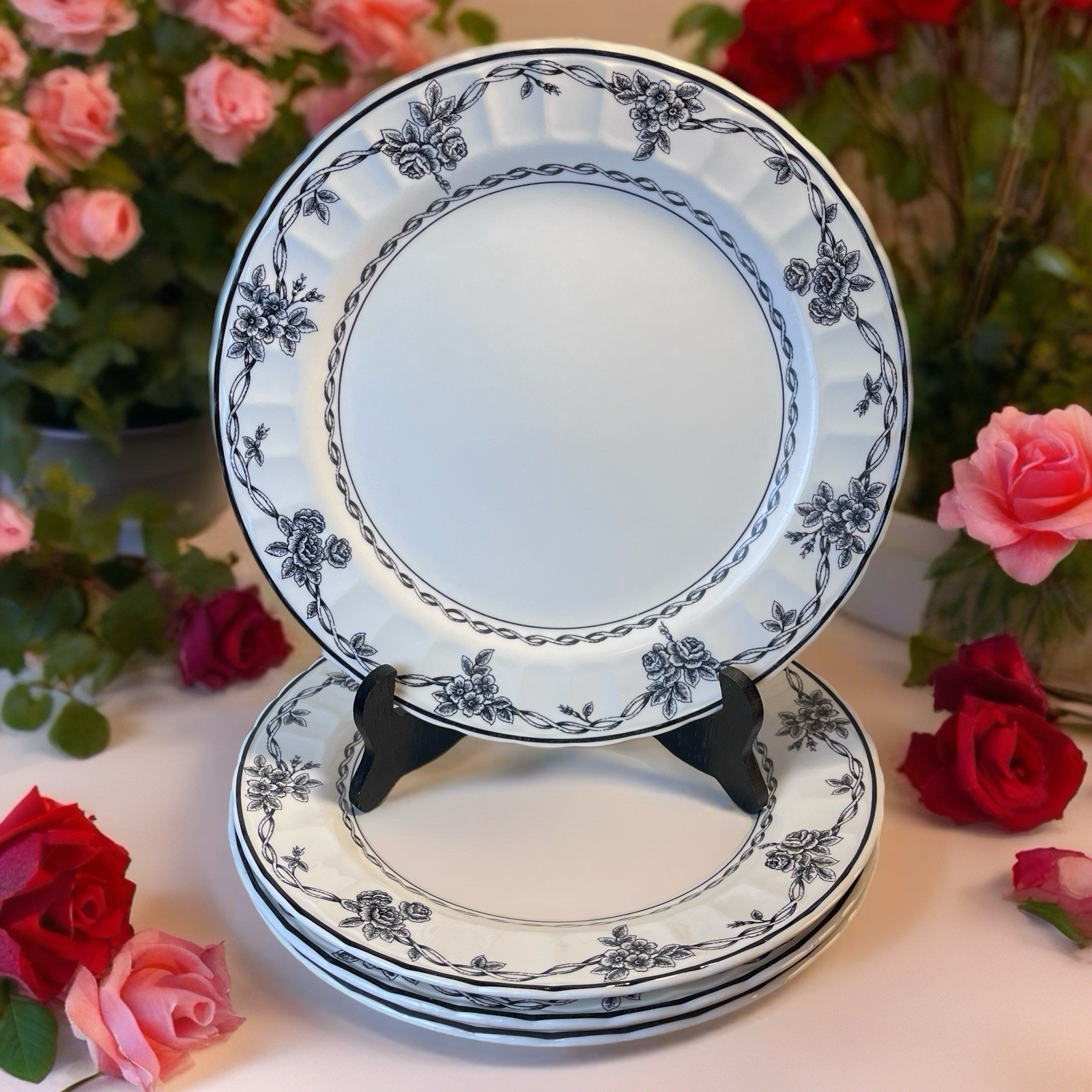 Waverly Garden Room Black Floral & Vine 10.5”Dinner Plates - Columbia - Set Of 4