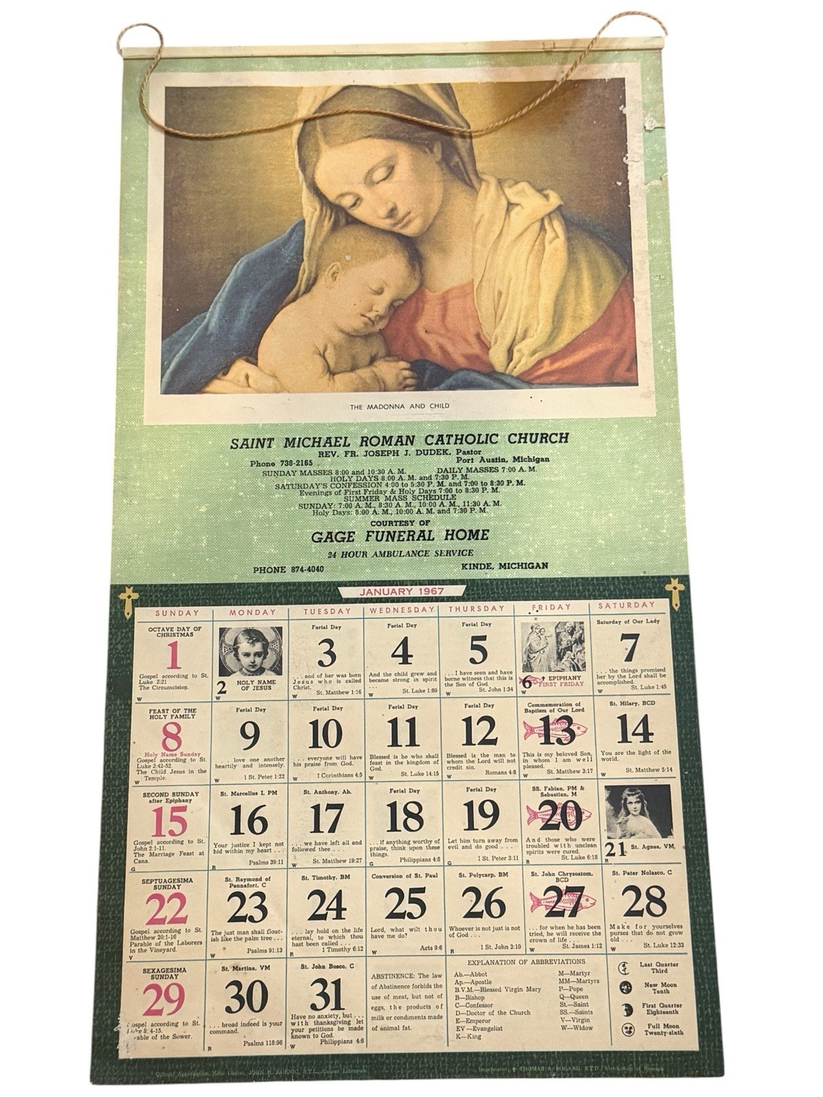 1967 St. Michael Catholic Church Port Austin MI Calendar Madonna & Child Vtg