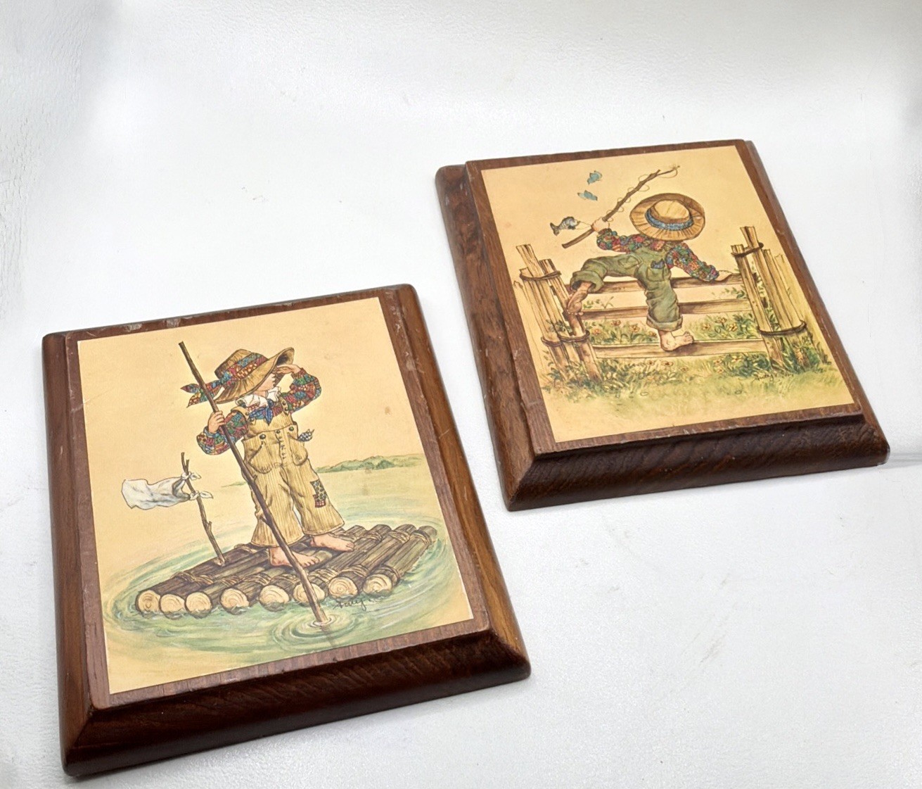 Vintage 1970s Patchwork Boy Wall Plaques Set of 2 Amy Country Folk Art Decor