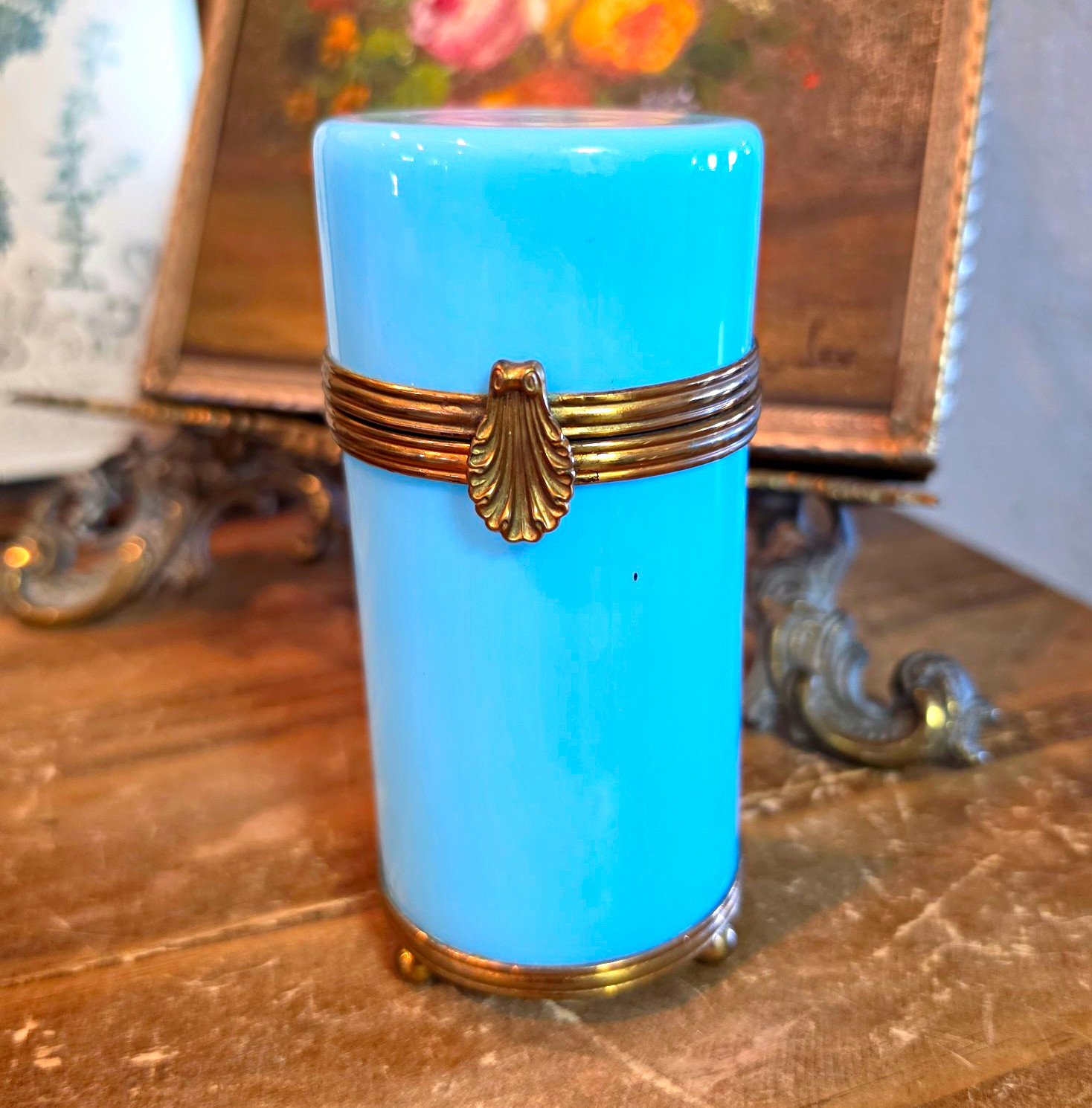 Antique/Vintage French Blue Opaline Box with Brass Mounts, Shell Motif, Footed