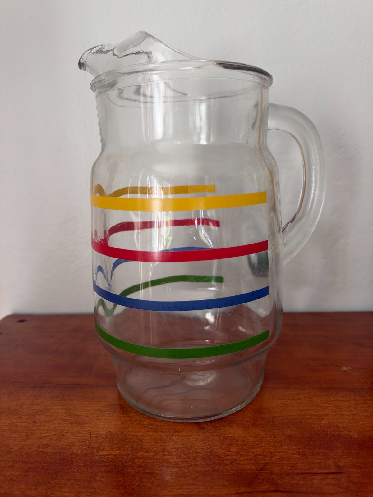 Vintage Clear Glass 4 color Striped pitcher with ice-catcher lip 9.5 high by 5 W