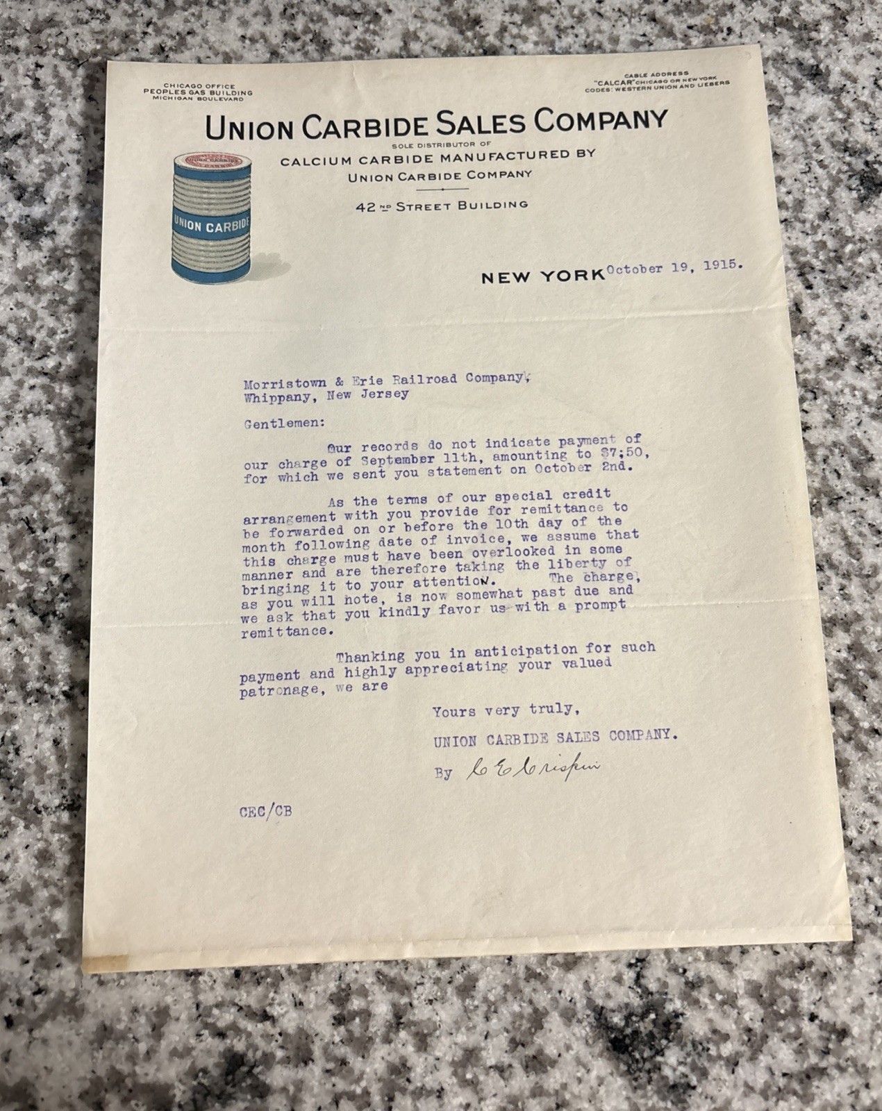 October 19, 1915 New York - Union Carbide Sales Co - Color Letter Head Bill