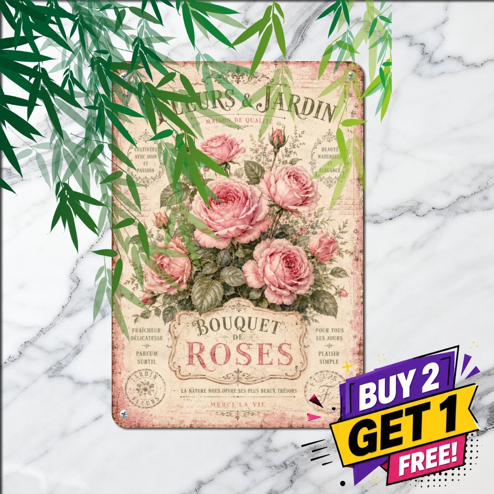 Parisian Floral Roses Romantic Cottage Chic Metal Tin Sign Living Room Art