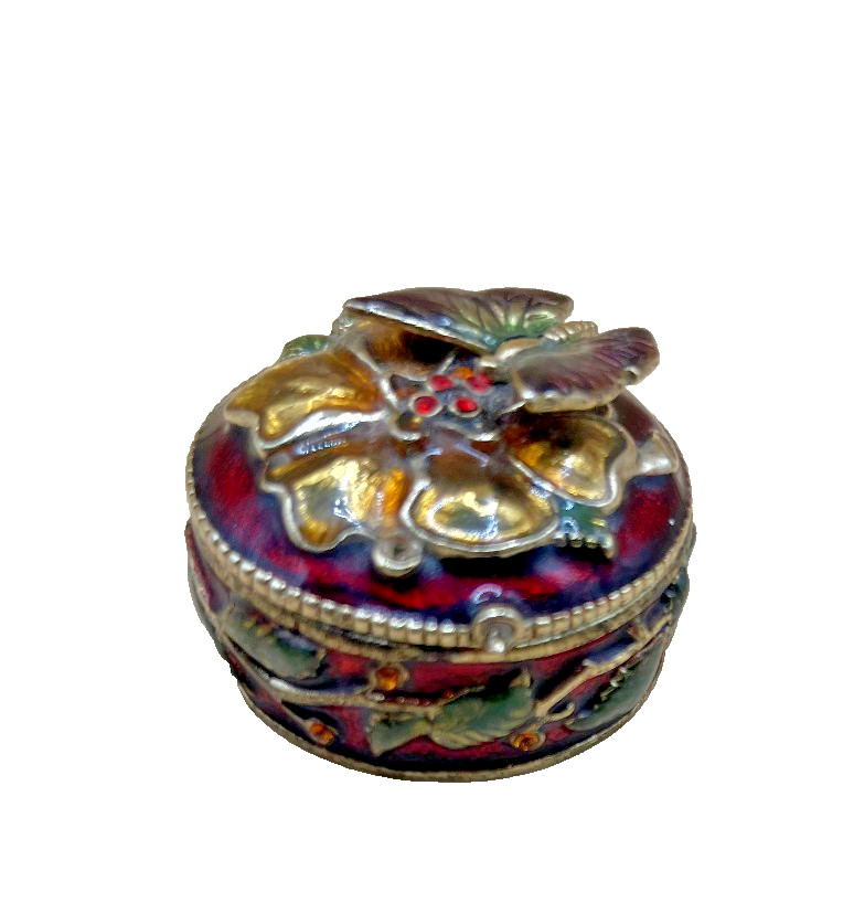 Monet Butterfly Pill Trinket Box Pansy Flower Red Enamel & Rhinestone