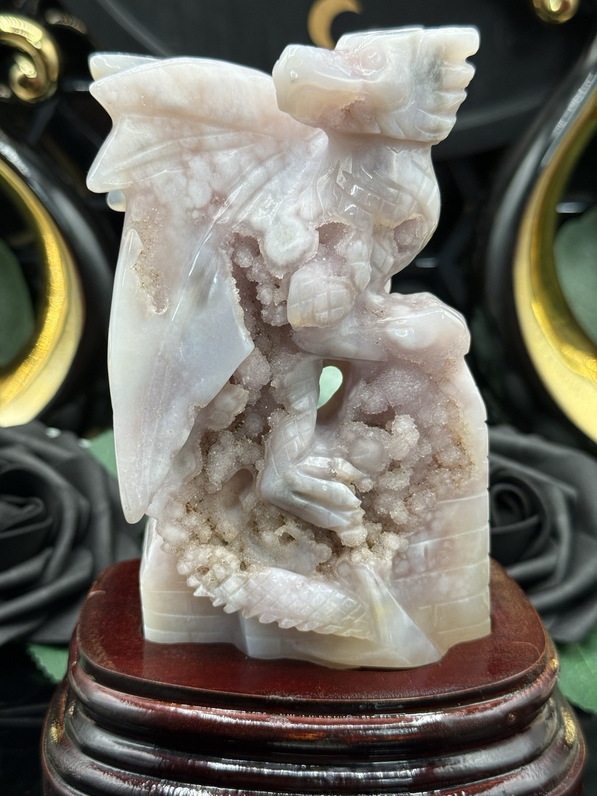 Natural Pink Amethyst  Dragon W/ blossom plumes & Druzy on CustomStand 