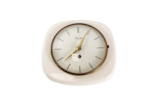 Vintage Mauthe Germany White Ceramic Wall Clock Mid Century Modern 1960s