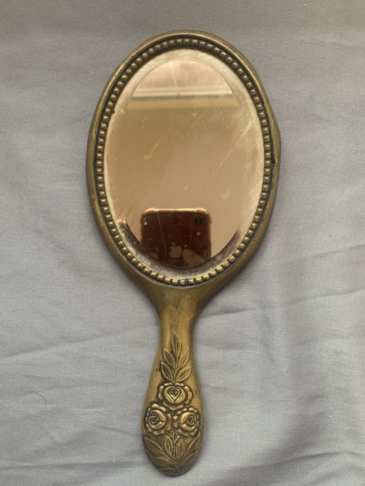 Antique Victorian Brass Floral Repousse Motif W/ Bee Handheld Vanity Mirror
