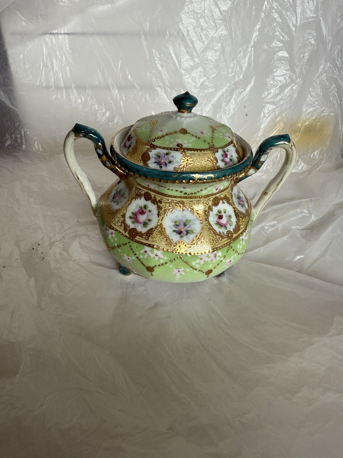 Antique Unmarked Nippon  Large Sugar Bowl Hand Painted Flowers Pink Gold