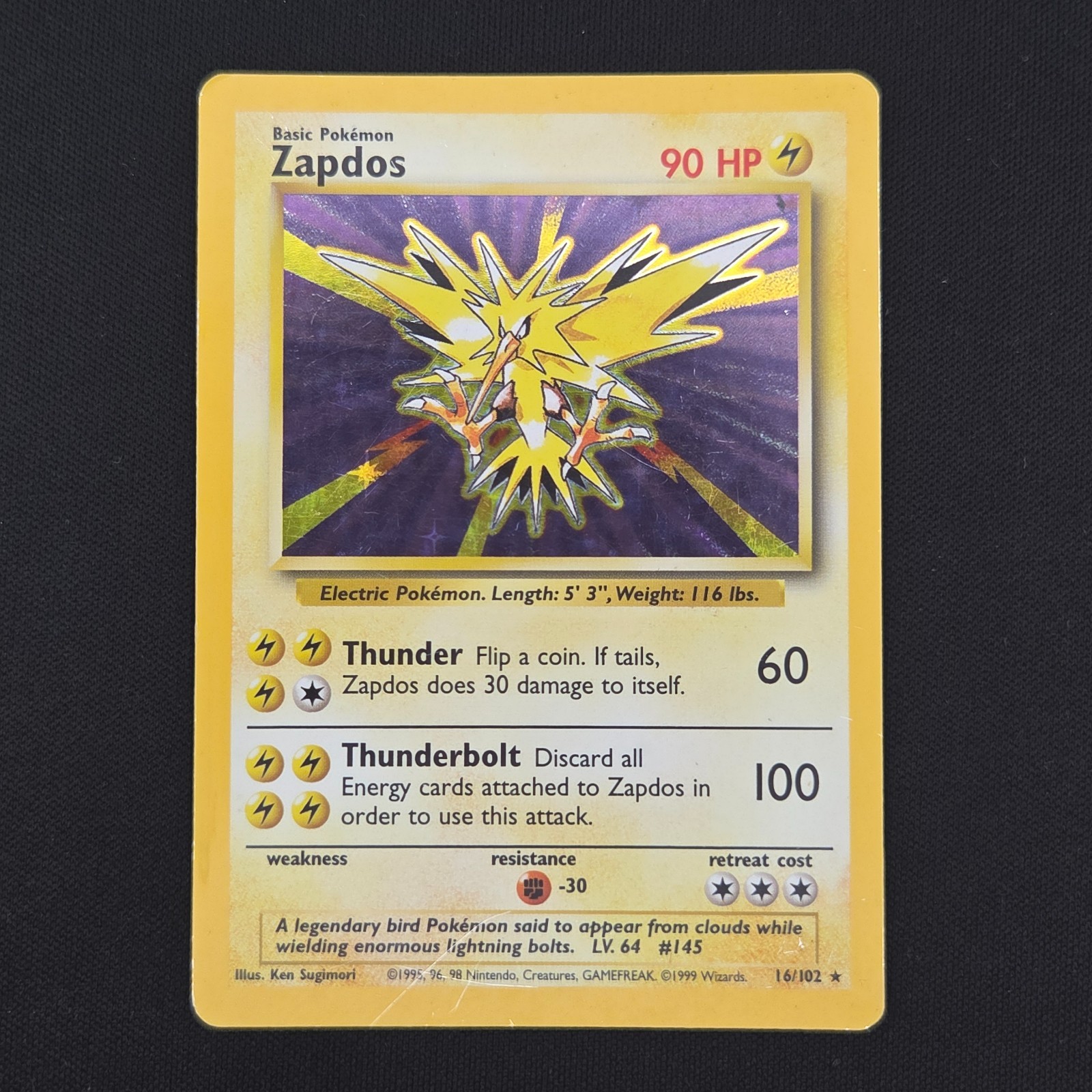 Pokemon TCG Card Zapdos 16/102 Base Set Unlimited Holo Rare - MP