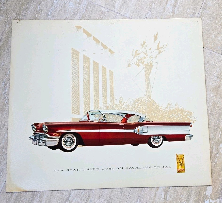 1958 PONTIAC Showroom Sign Star Chief Custom Catalina Sedan Dealer Lithograph
