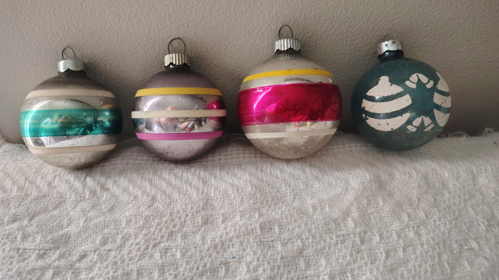 4 Vintage Shiny Brite & Rauch Silvered Striped Glass Christmas Ornaments 2