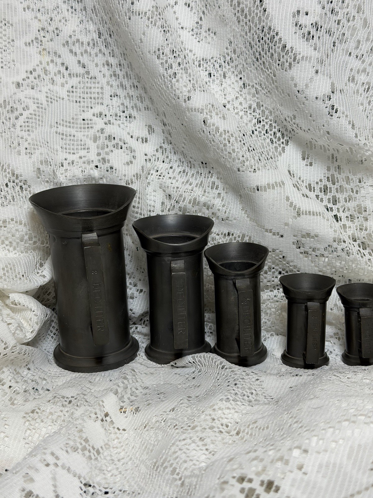 Antique Dutch Pewter Measuring Cup Set 5pc Deciliter Centiliter Verification 