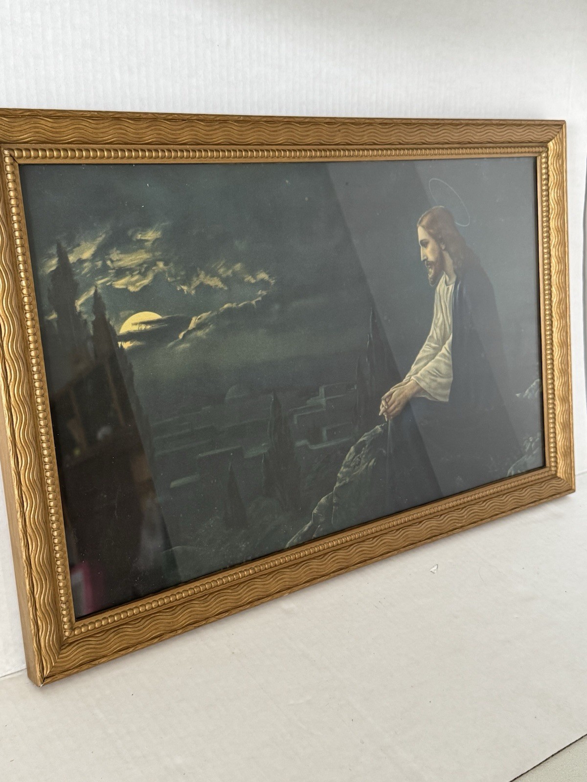 Vintage framed lithograph of Christ on the Mount of Olives 14” X 22”