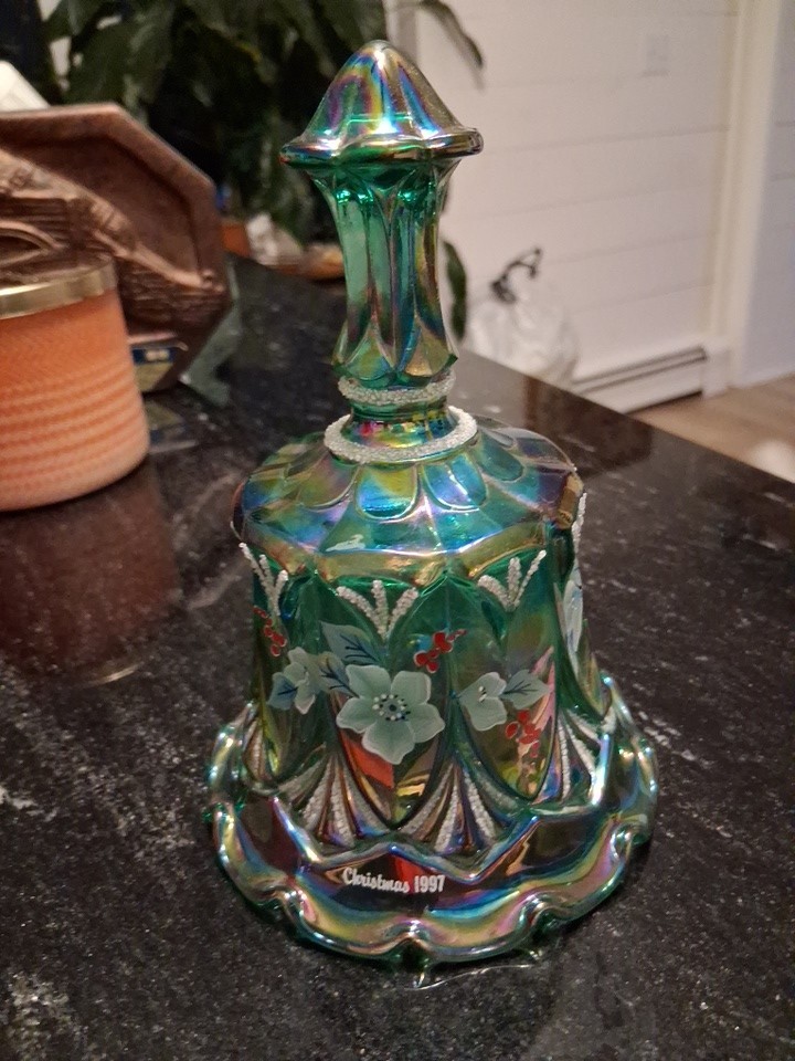 Vintage Fenton 1997 Christmas Bell Iridescent Green 
