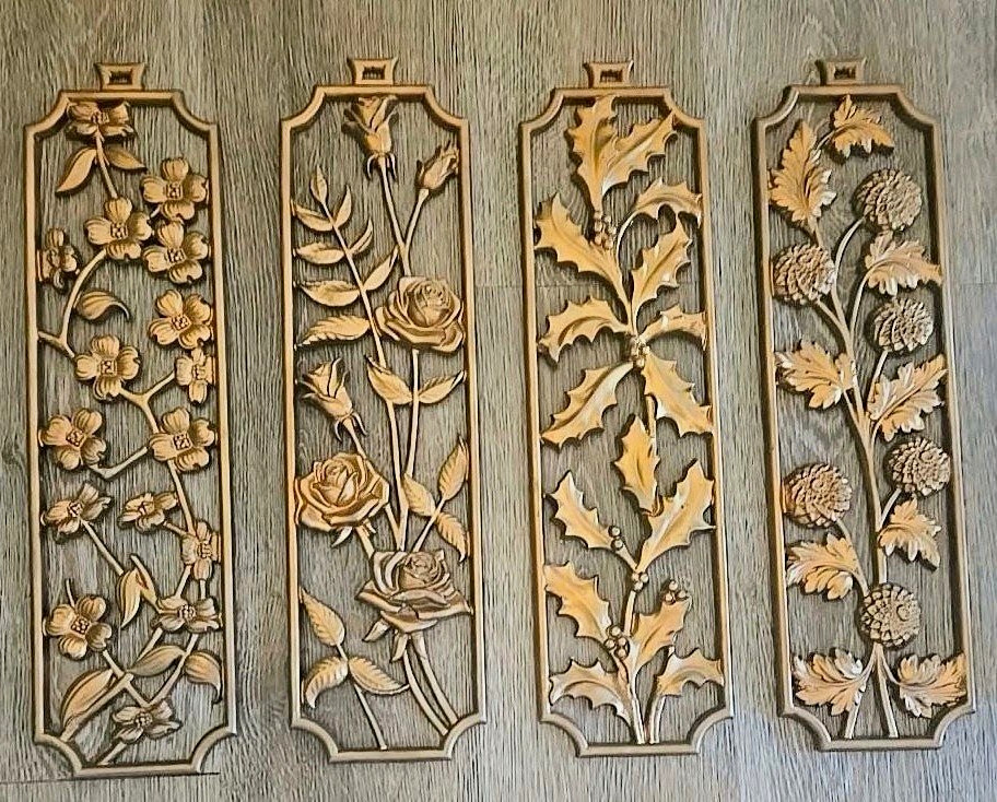 Vintage Sexton Cast Metal Floral Wall Plaques – Set of 4 – 19”X4