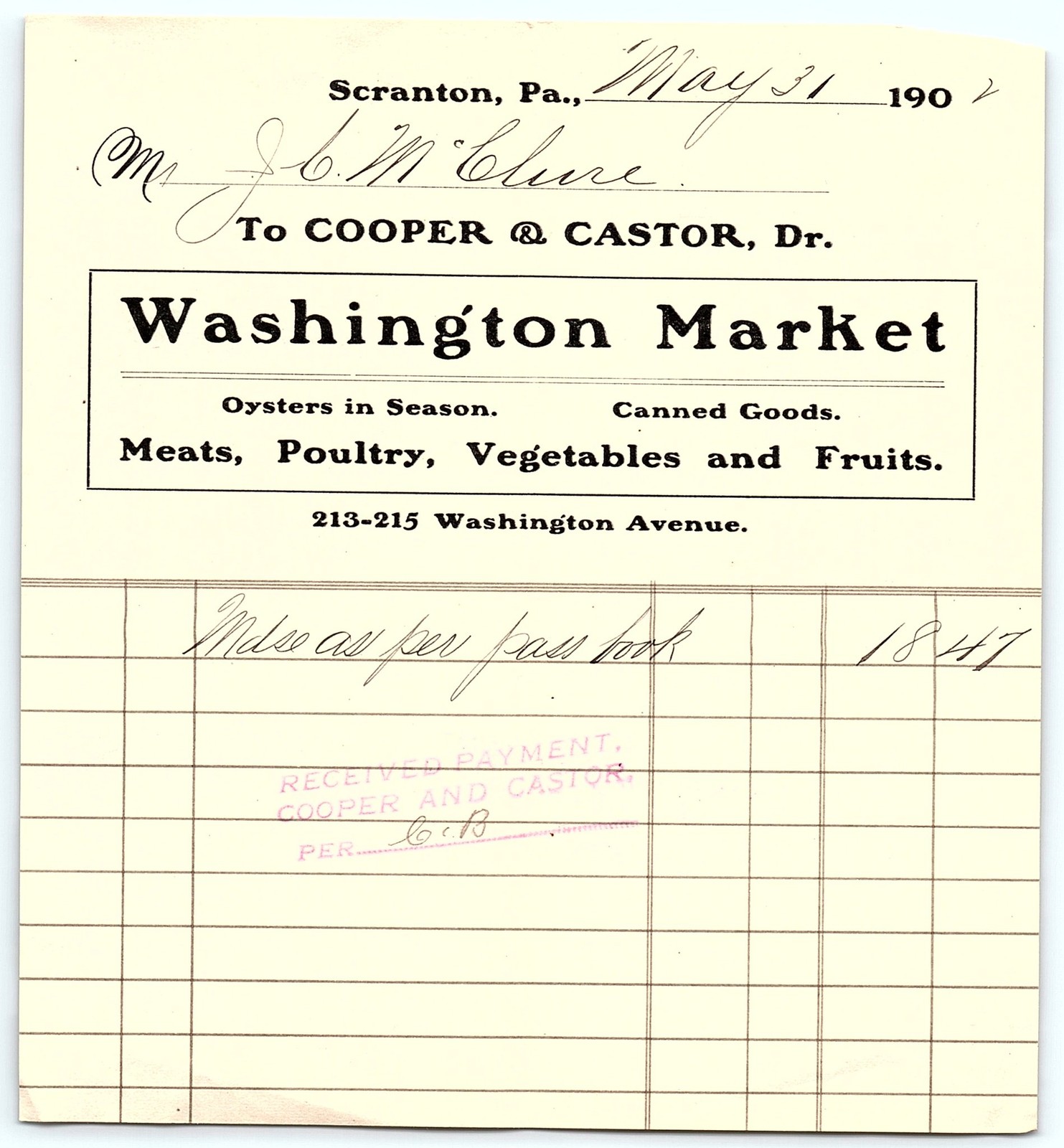Scranton, PA Washington Market billhead, c. 1900s