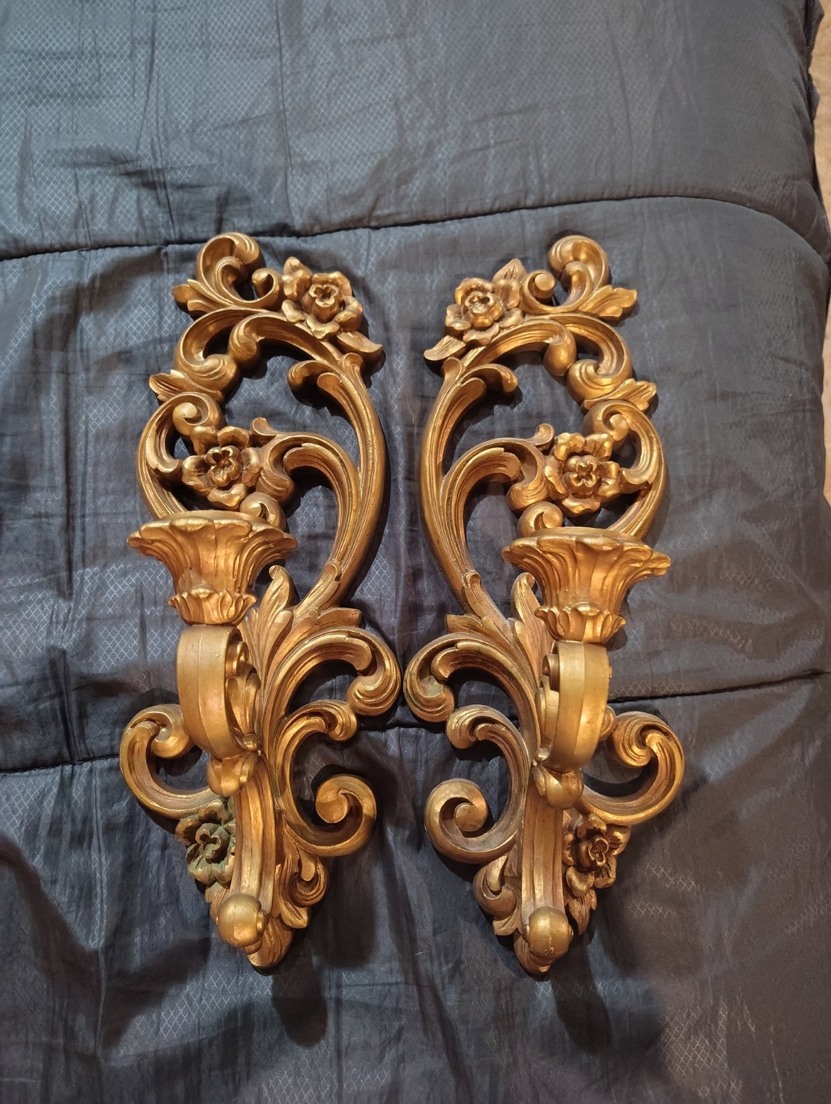 Vintage 1971 Homco #4118 Gold Wall Candle Sconces Pair Hollywood Regency