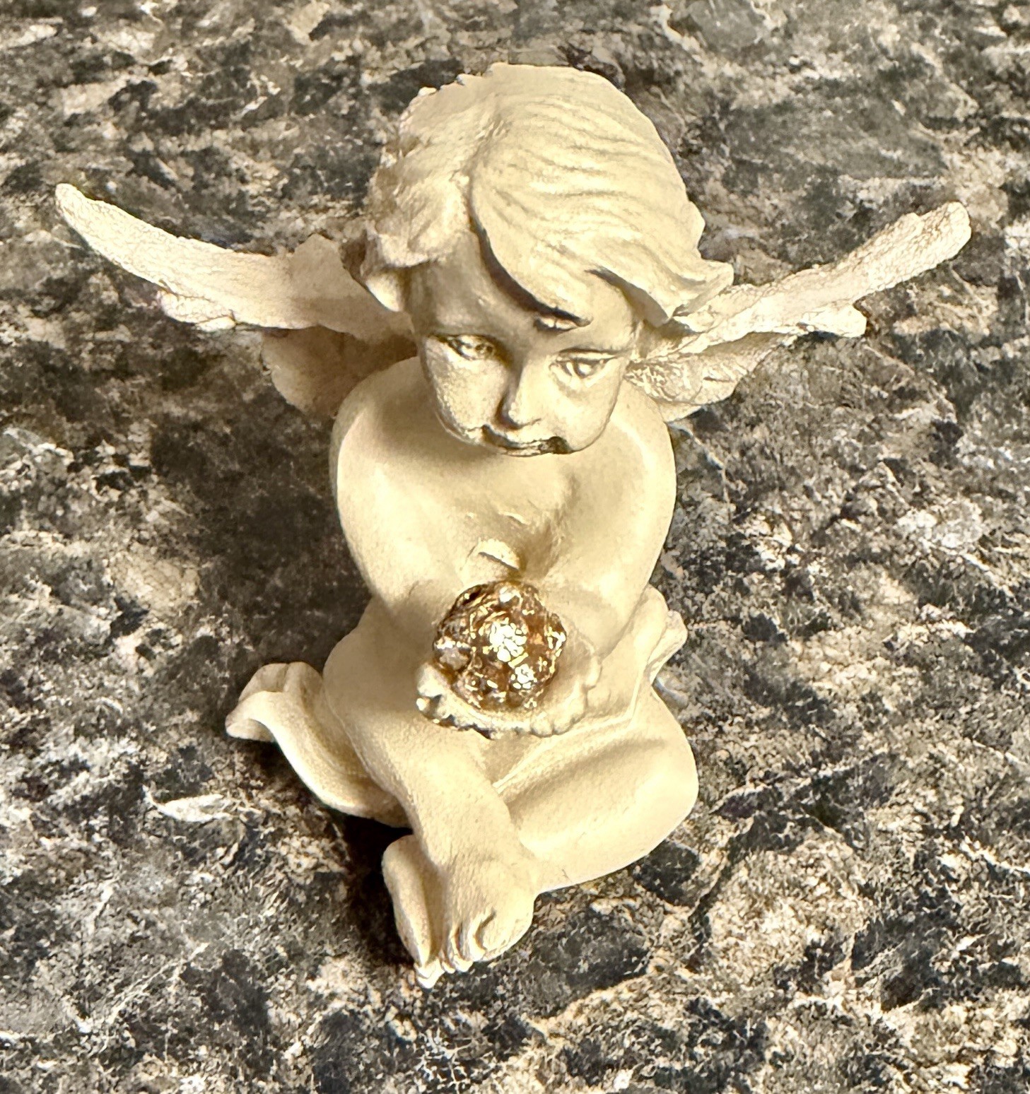Mini Cherub Wishing Angel Figurine w/ Rhinestone Ball 2” Glitter Wings