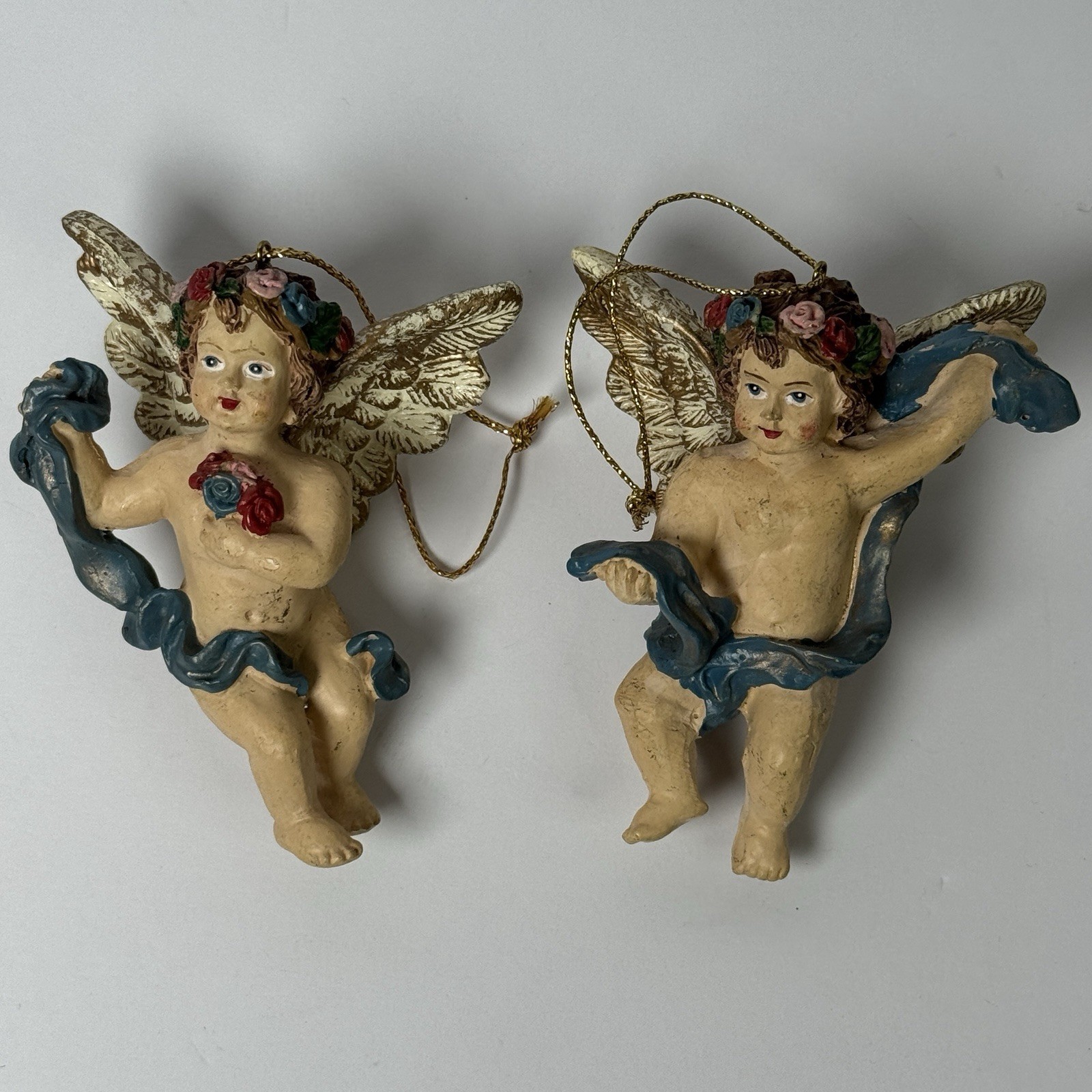 Vintage Cherub Angel Christmas Ornaments Set of 2 Gold Wings