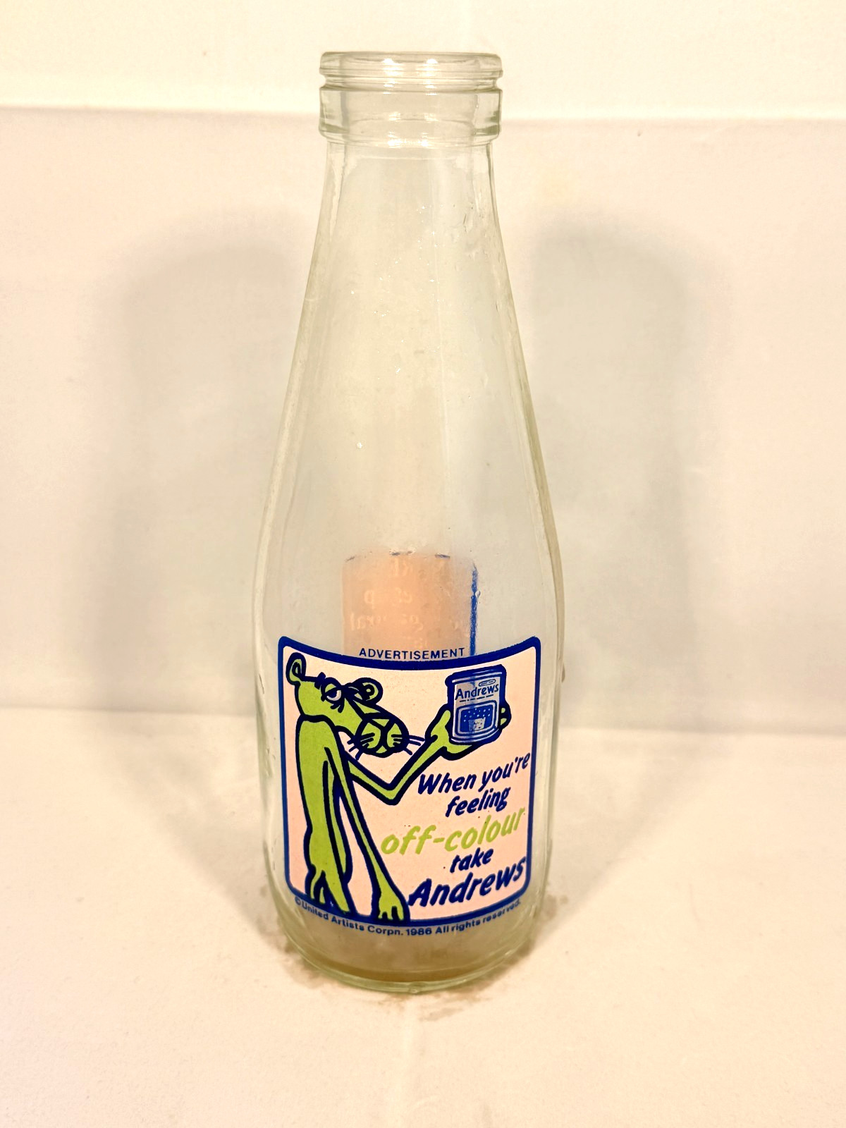 Vintage 1986 Andrews Advertising Milk Bottle United Artists Cartoon Glass Prop