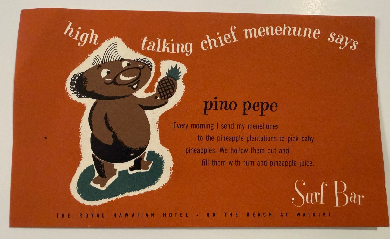 Royal Hawaiian Hotel Surf Bar Postcard Unposted Tiki Chief Menehune Pino Pepe
