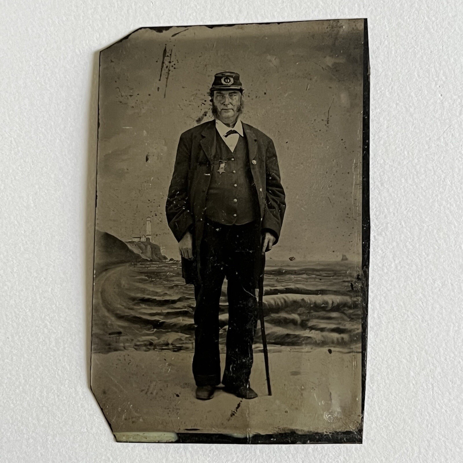 Antique Tintype Photograph Mature Man Civil War Veteran Kepi Cane GAR Metal