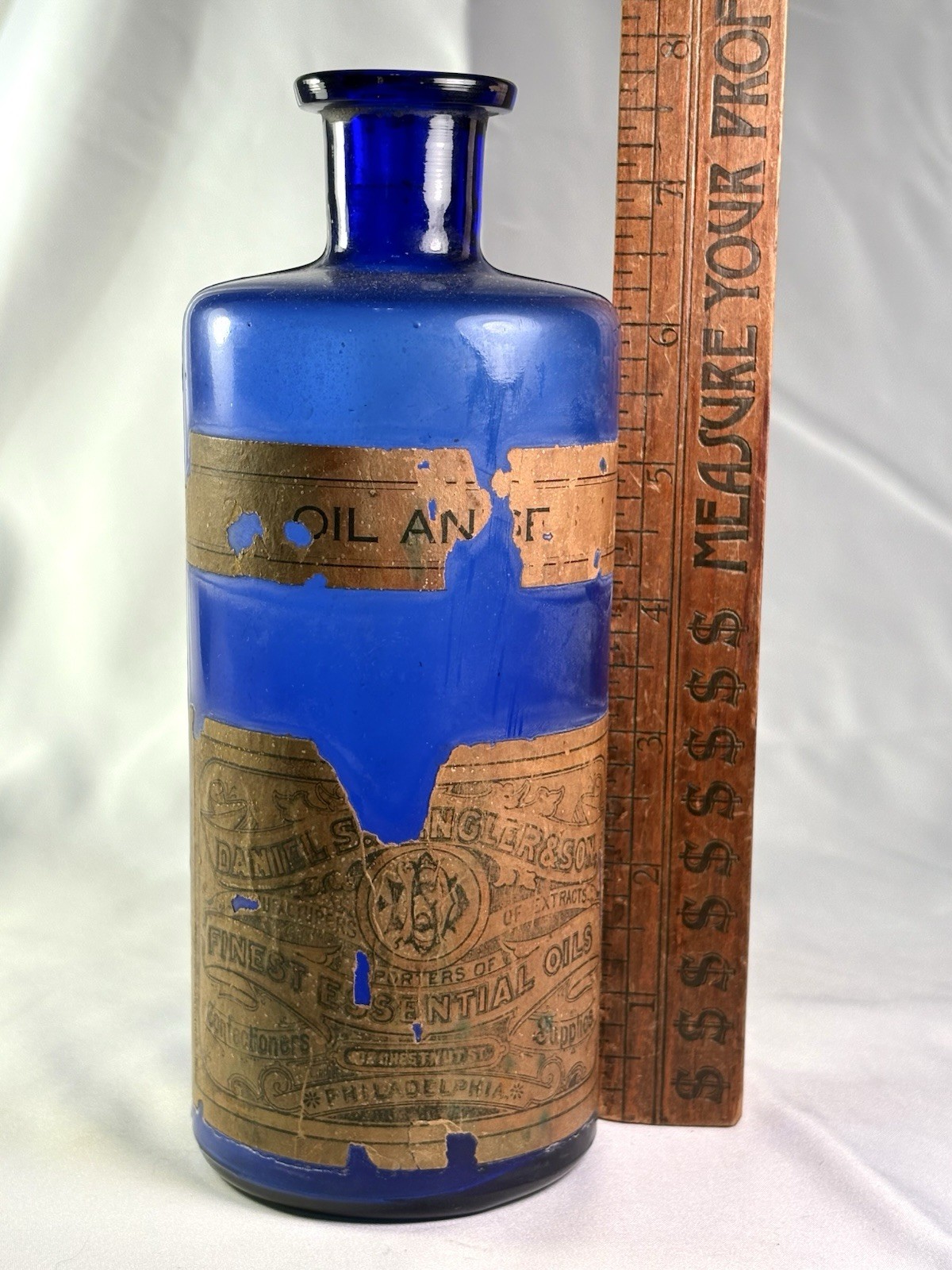 1880S LARGE COBALT EMBOSSED CHEMIST BOTTLE PAPER LABEL PA DANIEL S. DINGLER SON