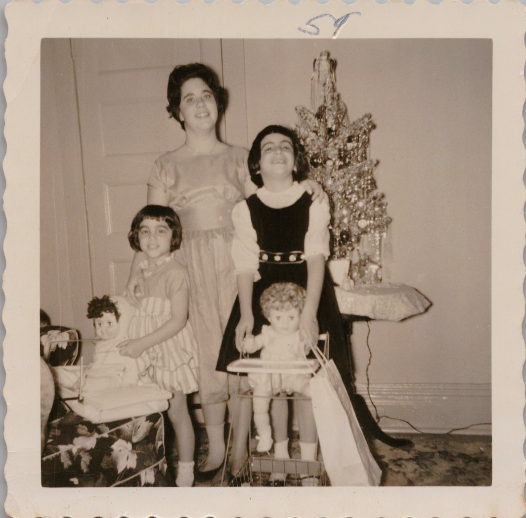Vtg B&W Snapshot Family Mother Girls Dolls Toys Christmas Tree Christmas 1959