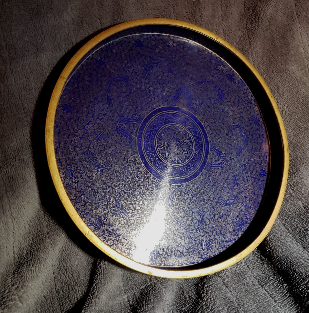 Vintage BLUE Cloisonne Hand Painted Chinese Brass Enamel Plate with rim