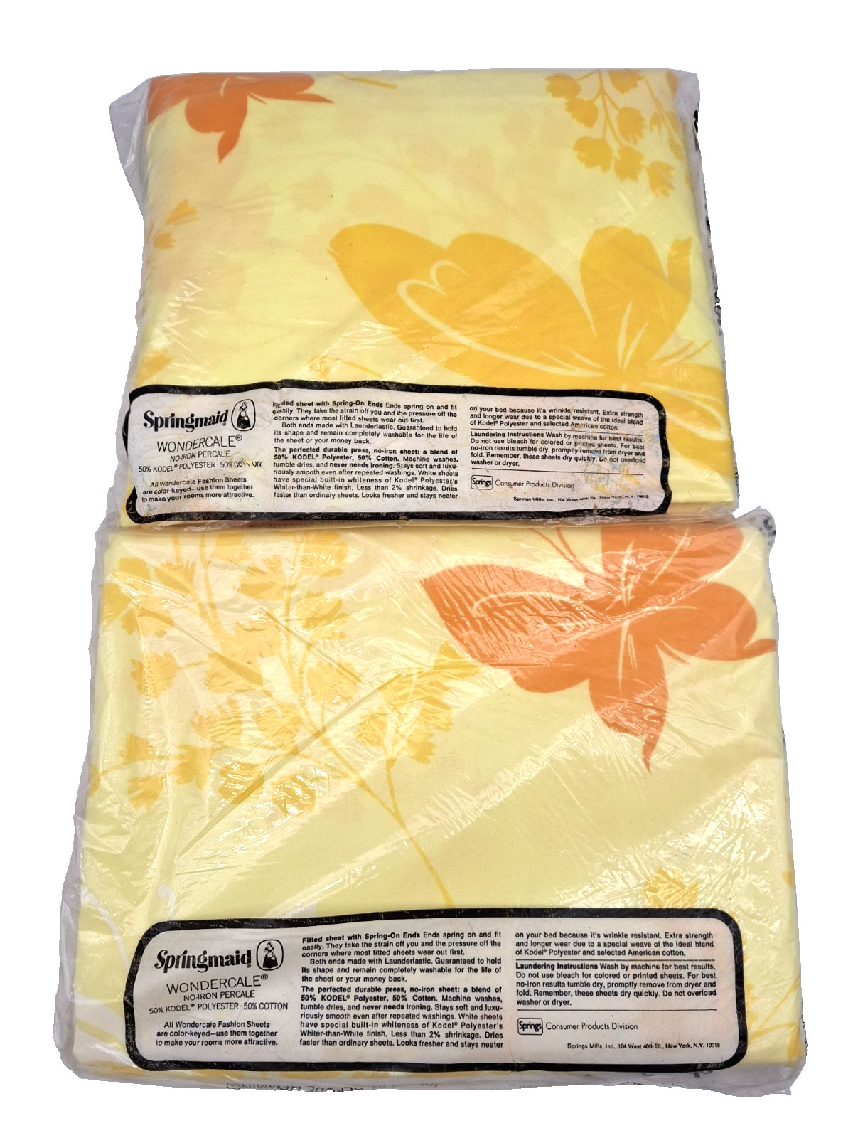 VTG 70s NOS Double Sheet Set Yellow Orange Butterfly 76x54 Springmaid Wondercale