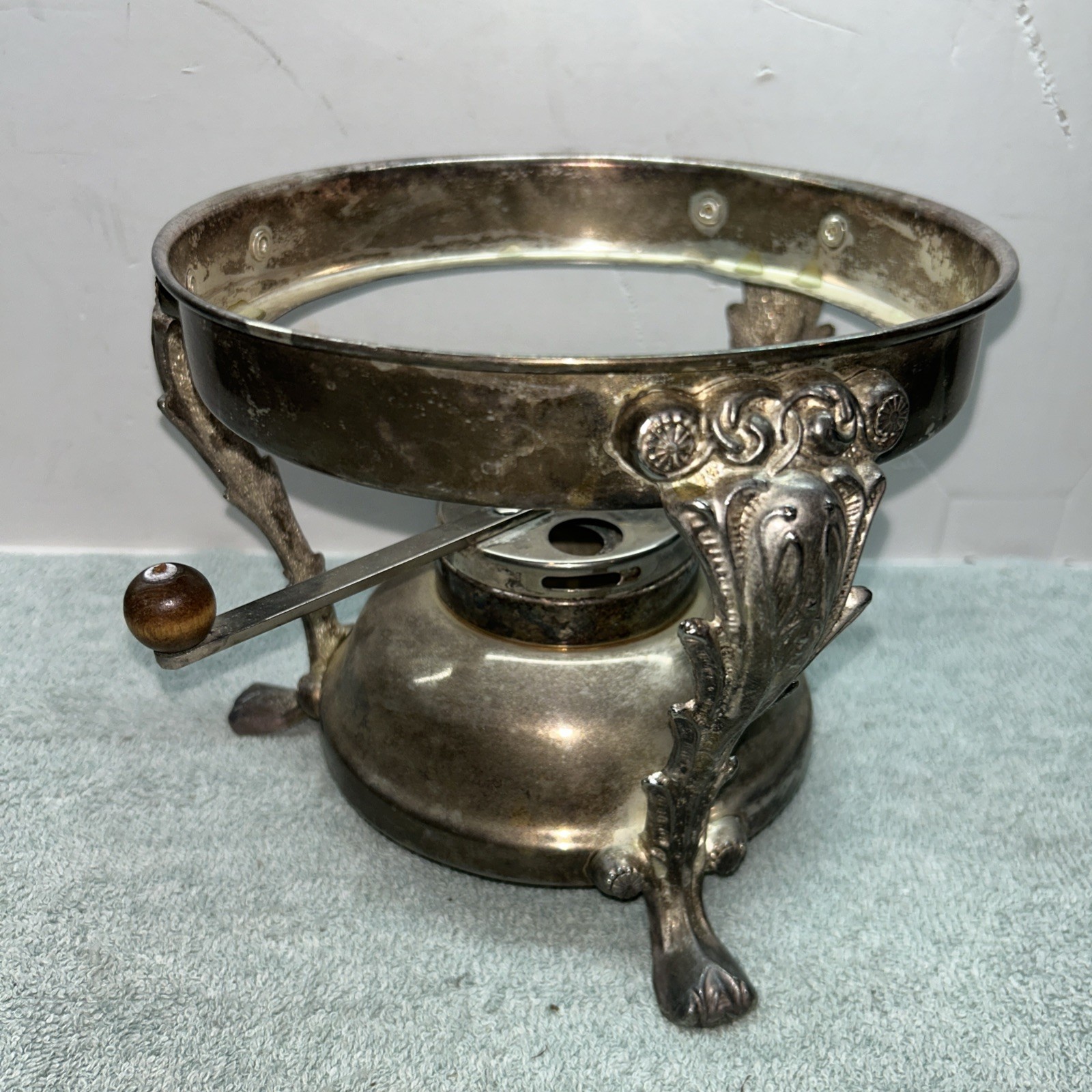Antique Silver Plate Ornate Fondue Serving Warmer Buffet Stand Tri Foot