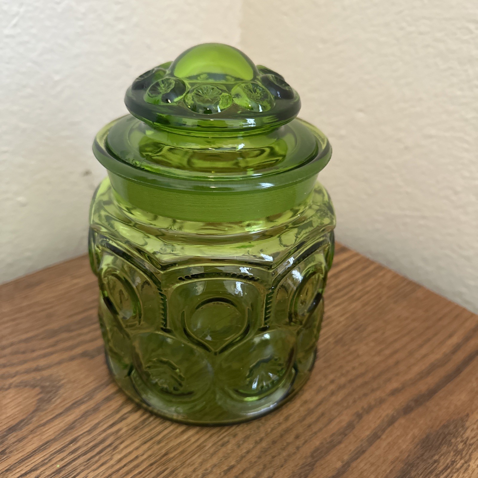 VTG 40’s L.E. Smith Moon & Stars Green Glass Apothecary Small Canister Jar