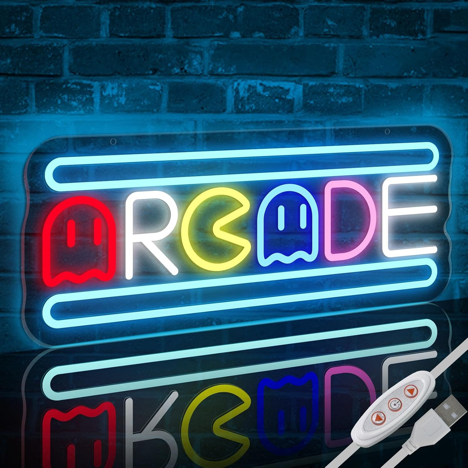 Arcade Neon Light Sign LED USB Powered Dimmable, Retro Ghost Arcade Game Room