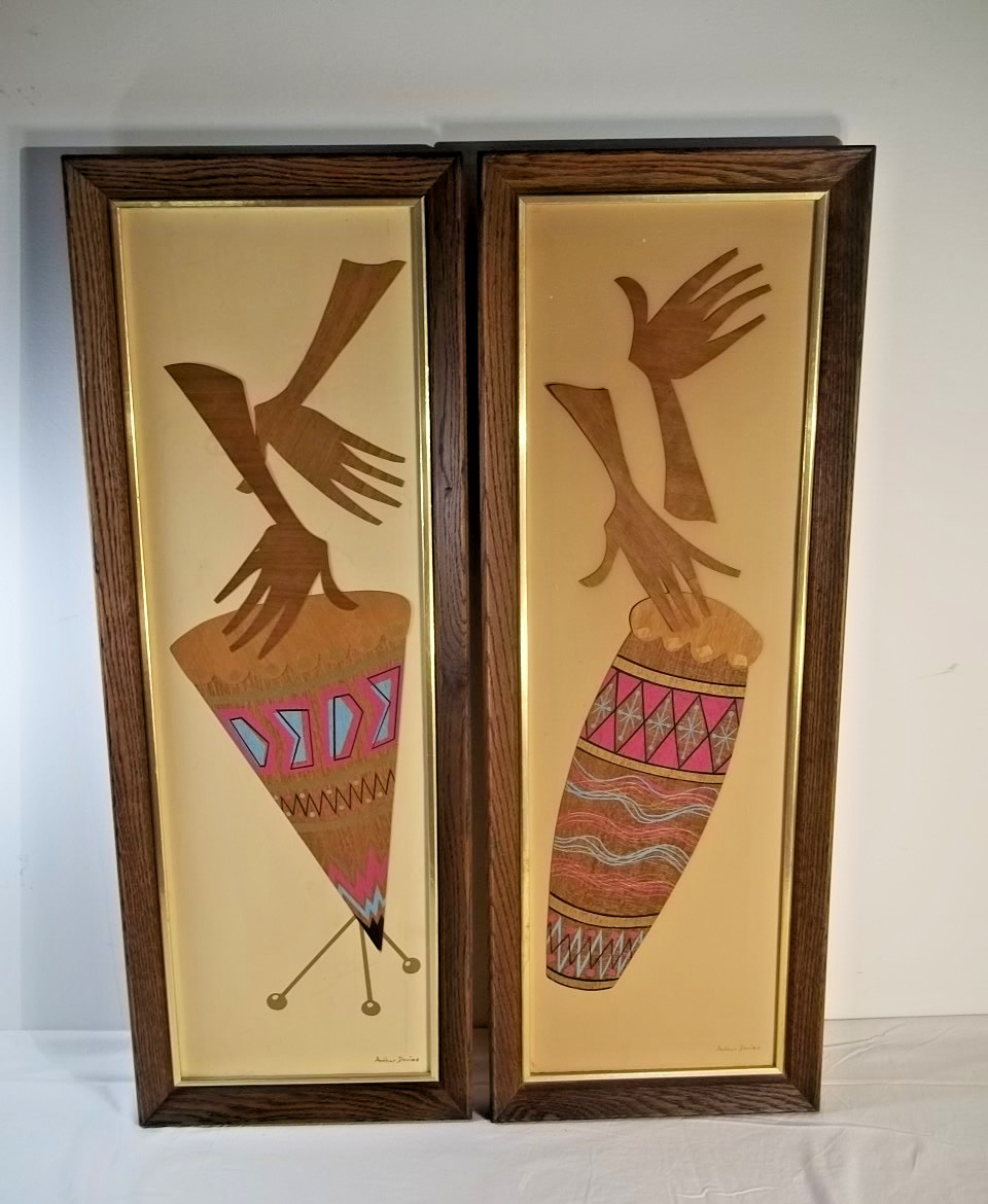 Pair Mid Century Turner Wall Accessory Arthur Davies African Drum Pictures