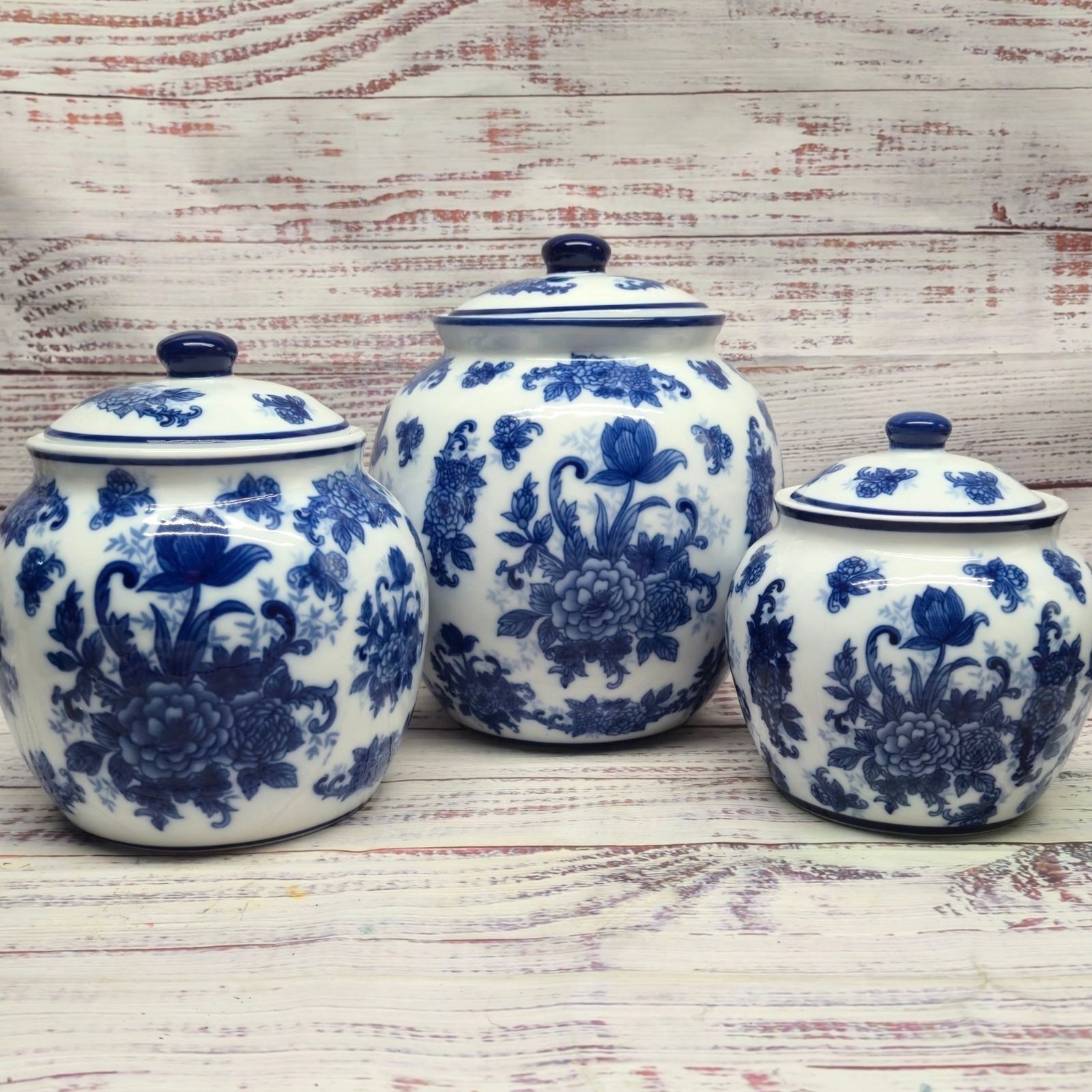 Vintage Blue & White Porcelain Canisters Set of 3 Floral Ginger Jars Chinoiserie