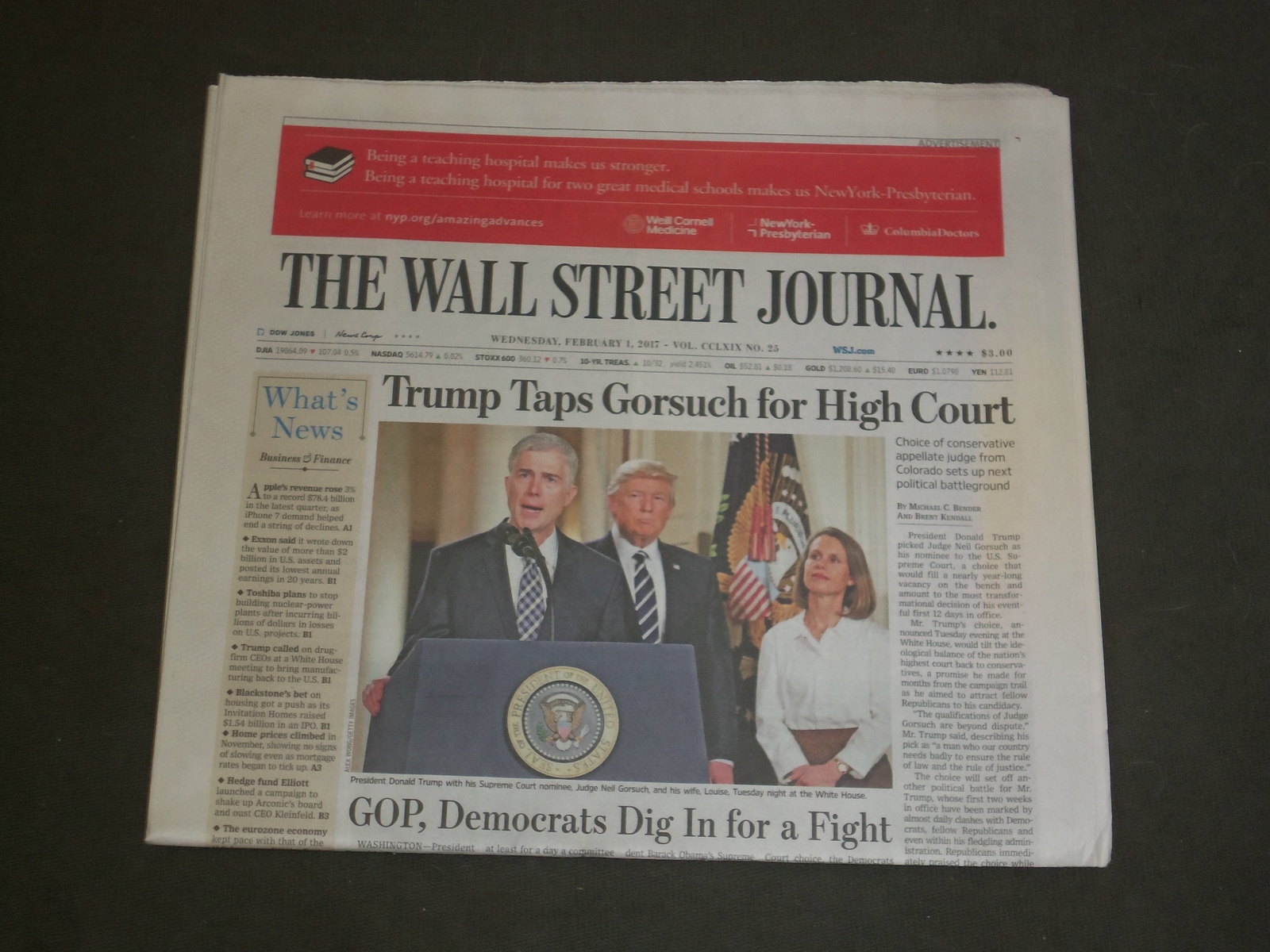 2017 FEB 1 WALL STREET JOURNAL NEWSPAPER - TRUMP TAPS FORSUCH FOR SUPREME COURT