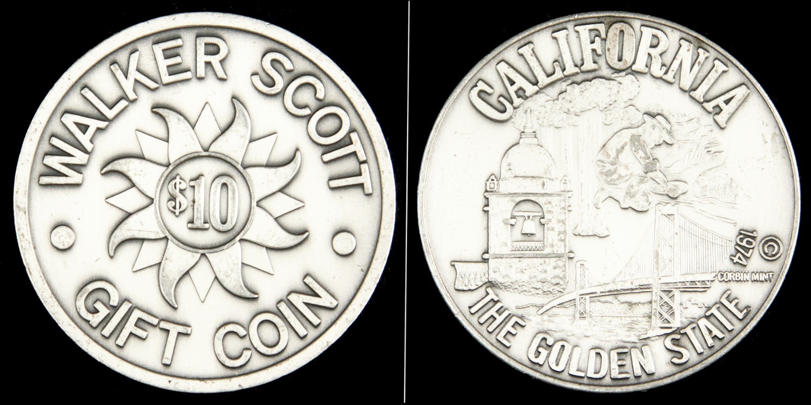 Vintage Rare 1974 California Golden State $10 Walker Scott Gift Coin Corbin Mint