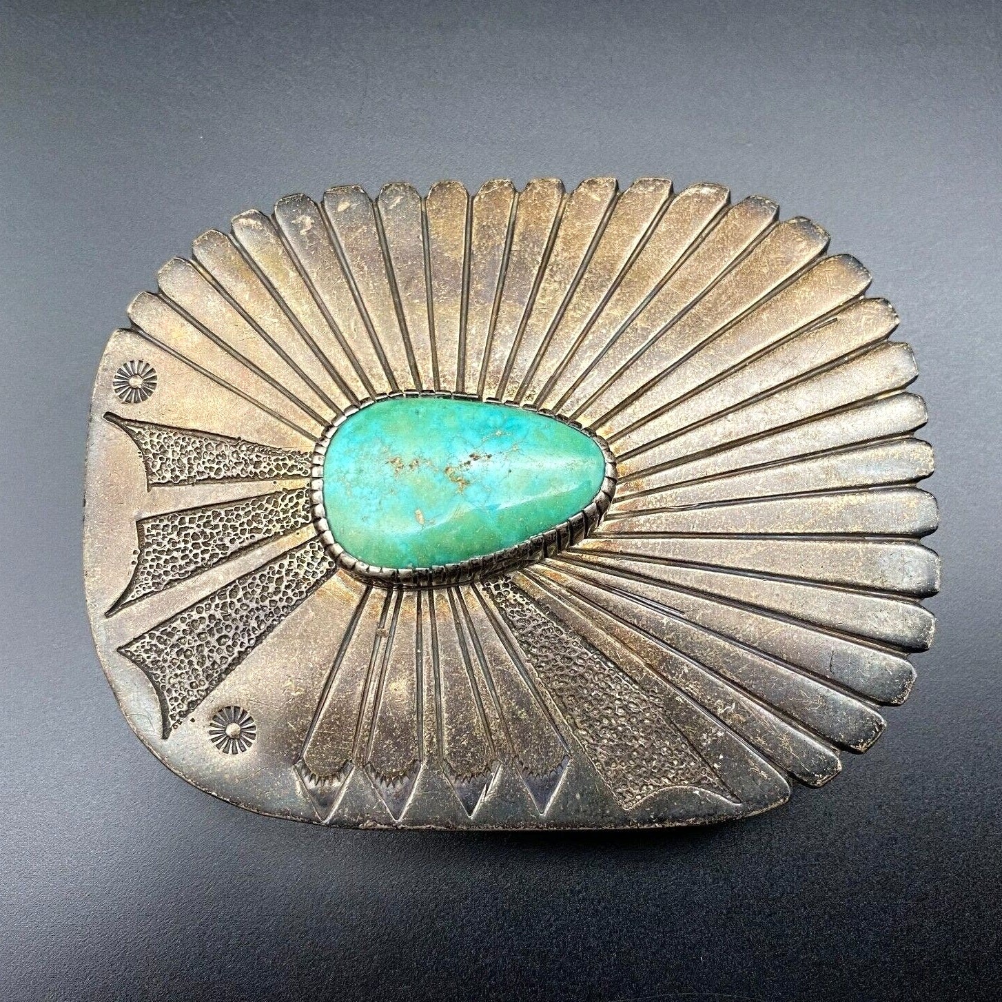 Vintage Navajo David Tune Turquoise Stampwork Silver Belt Buckle 1-7/8