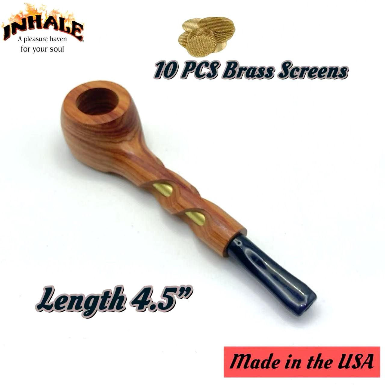 Inhale®️ Random US MADE Wood Tobacco Smoking Pipe w solid brass tube / Screen
